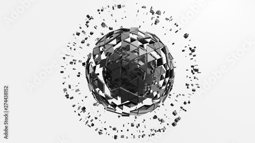 Metal sphere of extruded triangles with particles around. 3d render