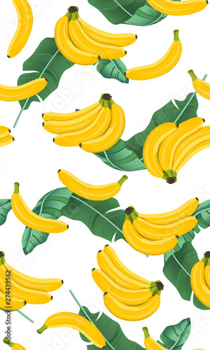 Banana seamless pattern with banana leaves, Bunch of ripe bananas on white background. Tropical fruit vector illustration.