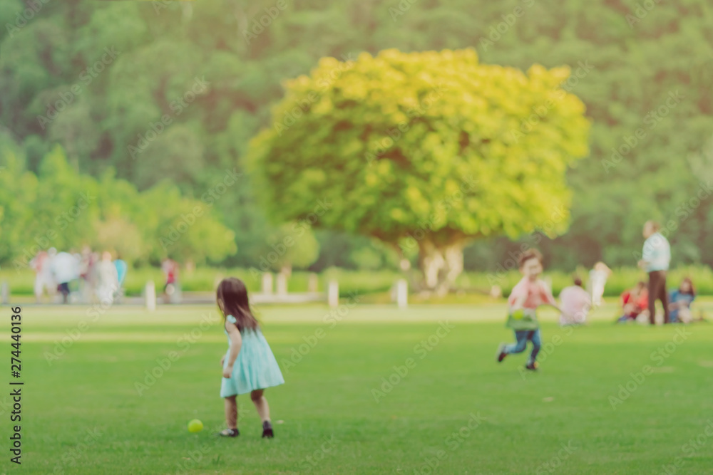 Blur image of Kid enjoy to playing with little ball on green field