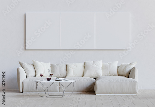 Fototapeta Naklejka Na Ścianę i Meble -  White living room with couch, table and mockup pictures. 3D render illustration.