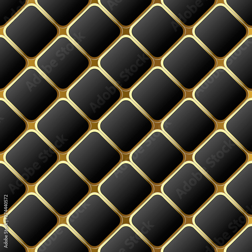 Elegant geometric black and white 3d waffle seamless pattern. Ornamental surface rhombus background. Modern repeat abstract backdrop. Black geometric shapes with gold frames. Ornate beautiful design