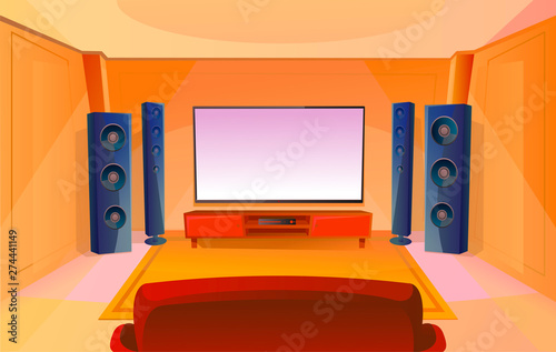 Home theater in cartoon style with big TV. Room with red sofa. Modern interior. Acoustic stereo sound.