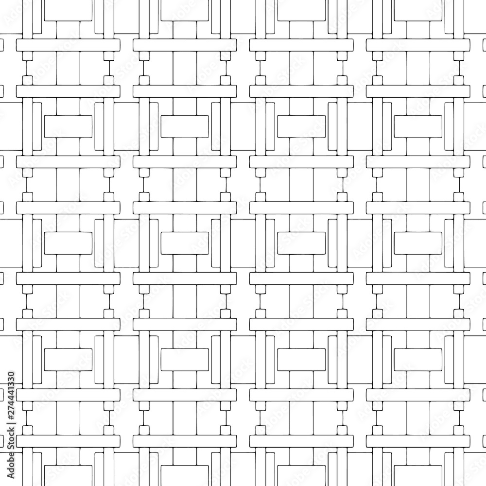Geometric abstract striped seamless pattern. Black and white geometrical monochrome background. Repeat squares, rectangles , lines, shapes ornament. Isolated design on white. Template. Endless texture