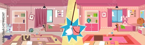 Girl child's room before and after cleaning up with mop broom and bucket