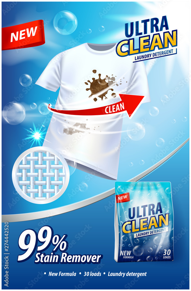 Vettoriale Stock Laundry detergent, stain remover ad vector template. Ads  poster design on blue background with white t-shirt and stains. Vertical  illustration | Adobe Stock