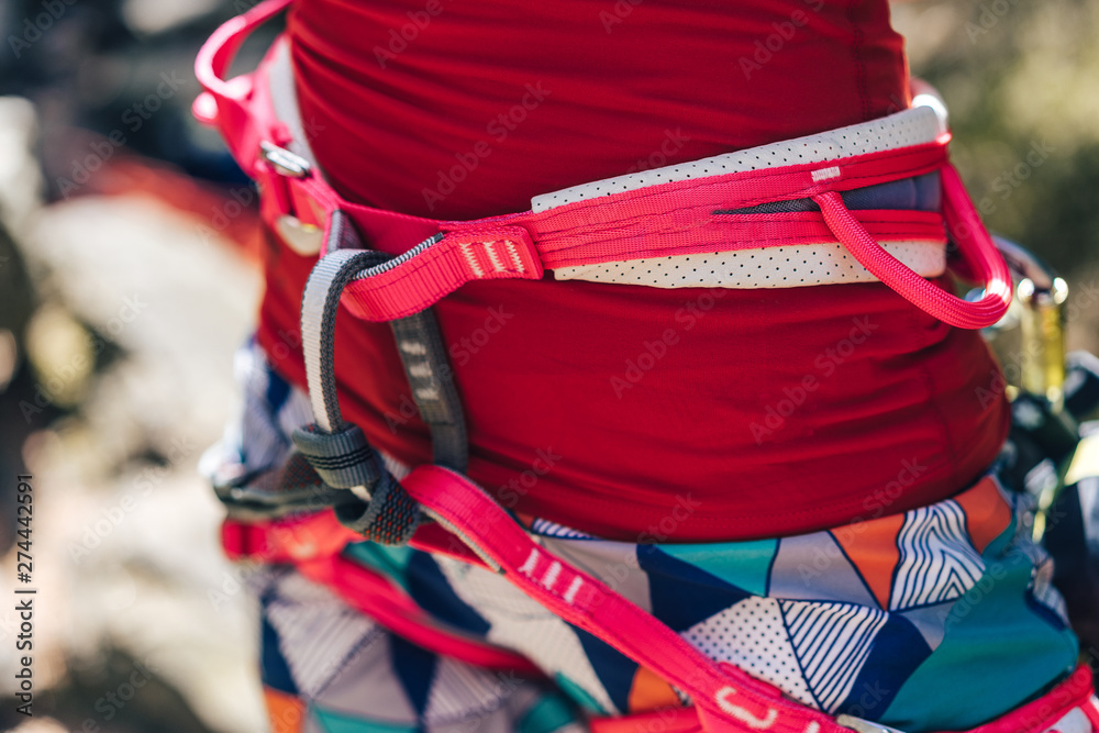 Detail close up poto of a climbing harness in bright colors. Front