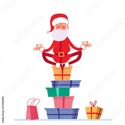 Santa in lotus yoga pose is sitting on stack of Christmas presents cartoon style