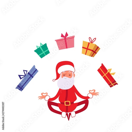 Winter christmas holiday Santa in yoga pose flat vector illustration isolated.