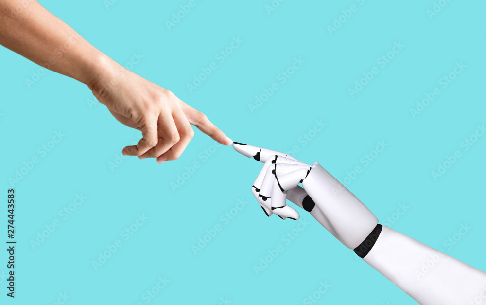 Human hand and robot hand system concept integration and coordination of artificial intelligence technology