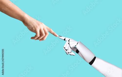 Obraz na płótnie Human hand and robot hand system concept integration and coordination of artificial intelligence technology w salonie