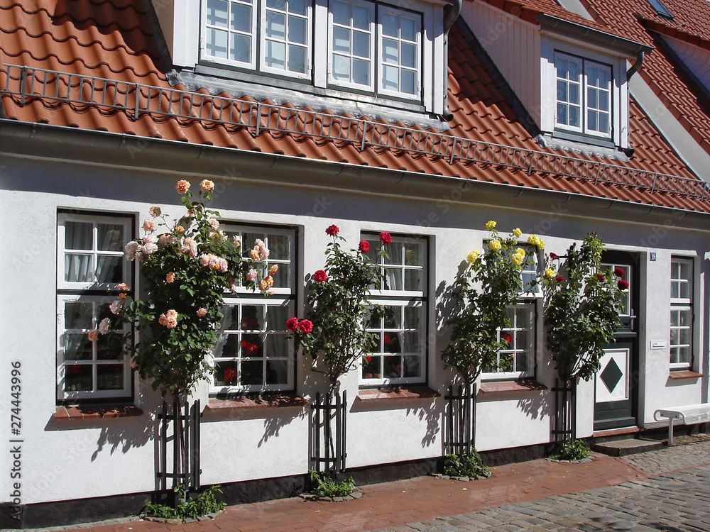 Facade of the small house decorated with flowers. Historical fisherman's quarter Holm in Schleswig city, Schleswig-Holstein, North-West Germany