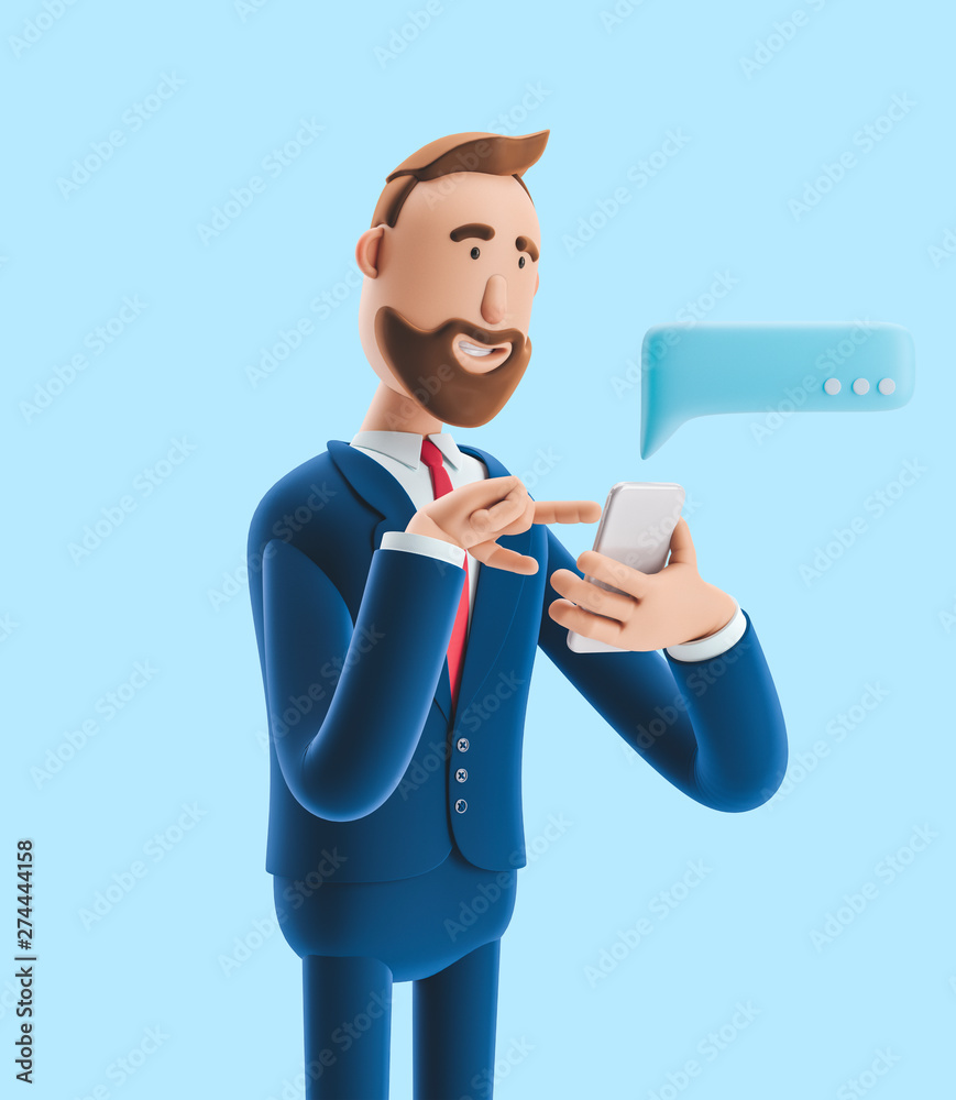 Cartoon character send message from phone. 3d illustration on blue background