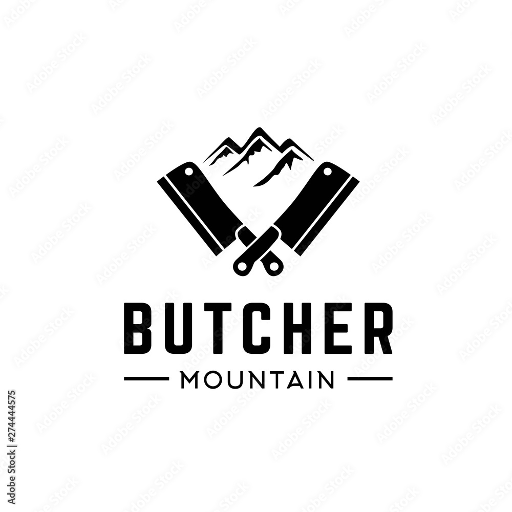 Butcher knife with mountain restaurant logo design Butcher knife with mountain restaurant logo design
