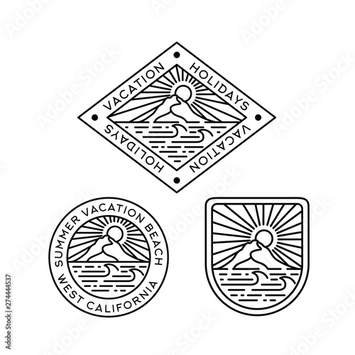 Beach with mountain and sun line art illustration badge logo design set