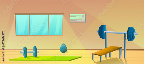 Gym with window.  Sport interior with barbells. Healthy gymnastic. Fitness room. Vector