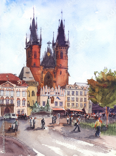 hand drawn watercolor Classic church in old town square near prague astronomical clock of prague, czech republic. colorful watercolor sketch with liner.