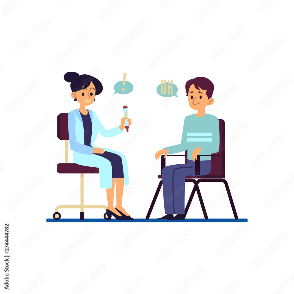 Patient in medical consultation with doctor flat vector illustration isolated.