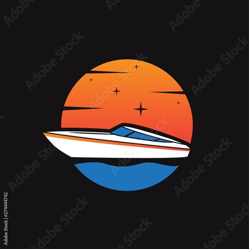 Speedboat with sunset or moon background illustration