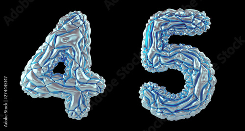 Number set 4, 5 made of crumpled foil. Collection symbols of crumpled silver foil isolated on black background. 3d
