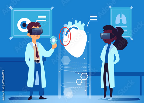 Two doctors use virtual reality VR glasses to look at human heart