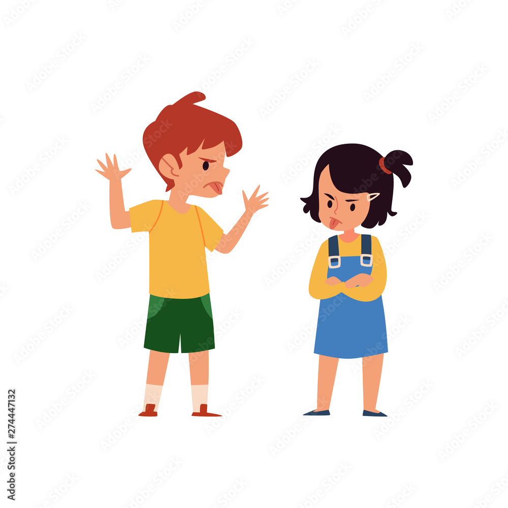 Cartoon boy and girl taunt and mock each other, angry children sticking tongue and showing mischief behavior