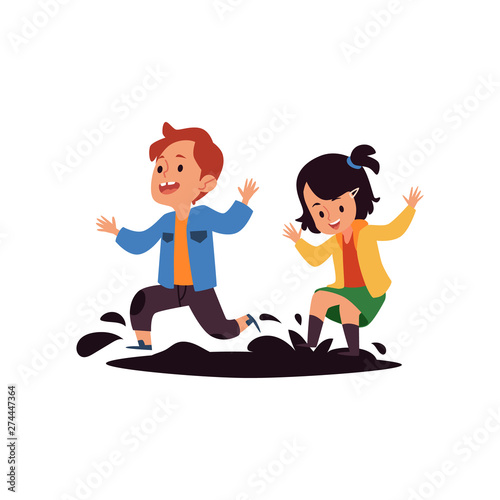 Children jump in puddles the bad kids behavior flat vector illustration isolated.