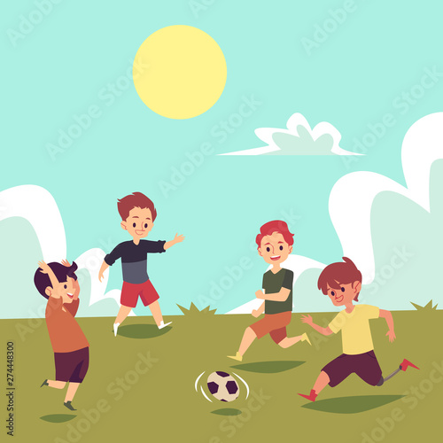 Children playing soccer on summer field, disabled boy running with football