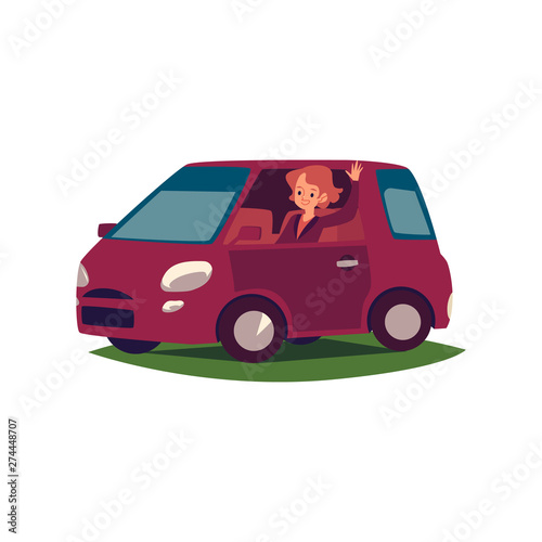 A young caucasian woman or girl driver smiles, waves her hand and drives a car.