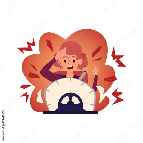 Woman driver inside her car had road accident flat vector illustration isolated.