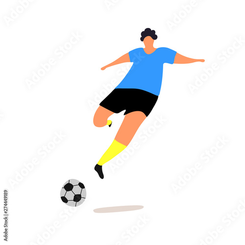 Football game hand drawn color illustration. Men in sportswear modern characters. Runing football player with ball.