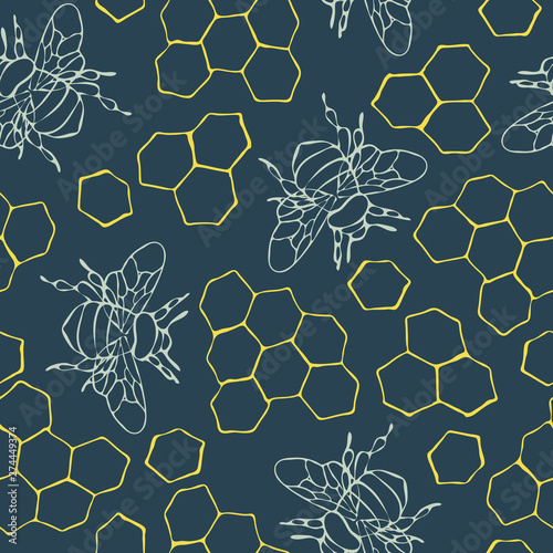 Outlined honeycomb and bee seamless pattern. Bumblebee on dark background. Gold like