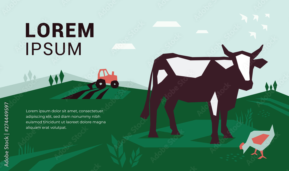 Vector illustration of tractor and cow on green meadow. Farm landscape with cattle on pasture. Template with farming design for banner, booklet, book, prints, flyer, landing page, website, blog post Vector illustration of tractor and cow on green meadow. Farm landscape with cattle on pasture. Template with farming design for banner, booklet, book, prints, flyer, landing page, website, blog post