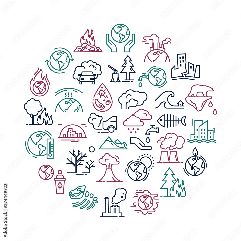 Vector circular illustration with set of icons isolated on a white background on the theme of planet pollution.