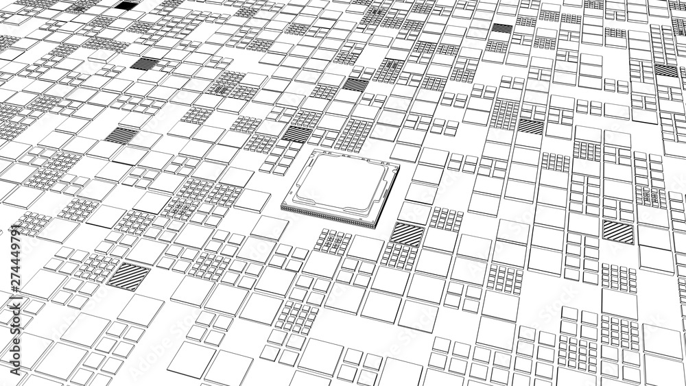 Abstract Motherboard circuit with CPU, microchips and animated electric ...