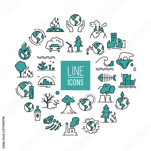 Vector circular illustration with set of icons isolated on a white background on the theme of planet pollution. Place for text.