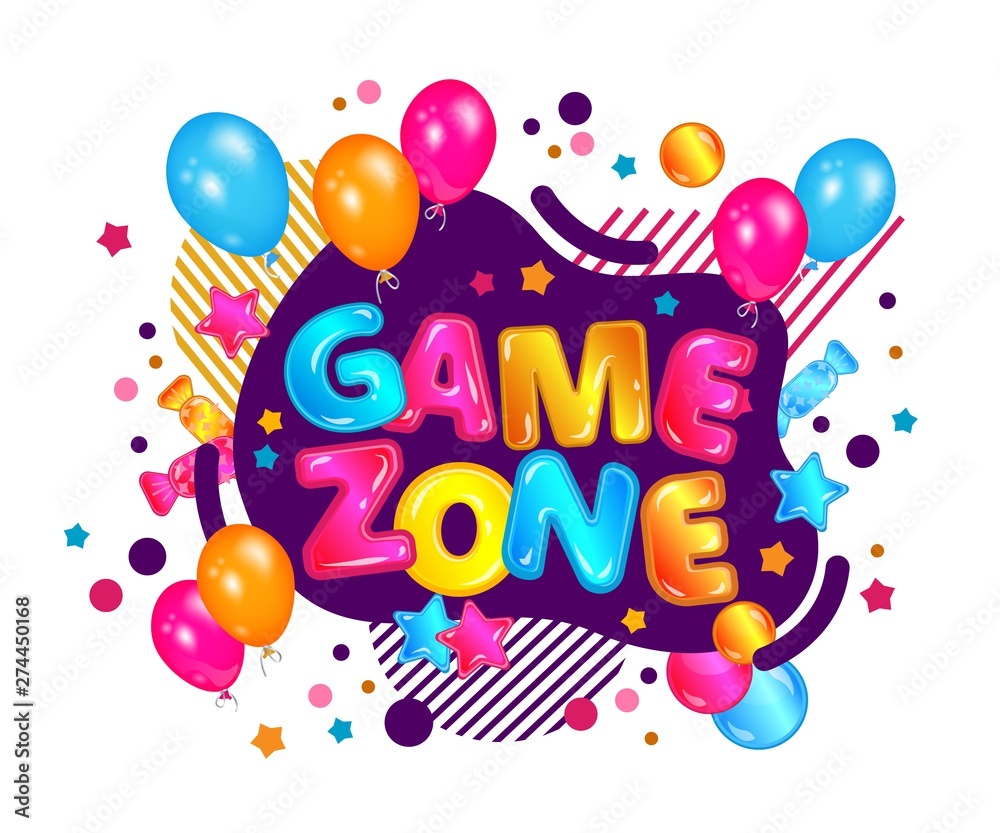 Game zone lettering and text with glossy fun shapes and balloons for kids banner. Game zone lettering and text with glossy fun shapes and balloons for kids banner.