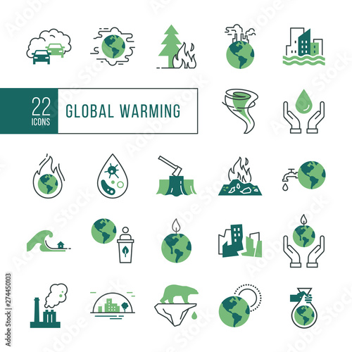 Colorful icon set of 22 pieces of vector icons isolated on a white background in a linear style on the theme of the effect of global pollution, bad ecology, problems of the planet.
