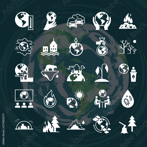Set from the set of vector icons isolated on the background of the illustration of the earth in a mixed style on the effects of global pollution, poor ecology, problems of the planet.