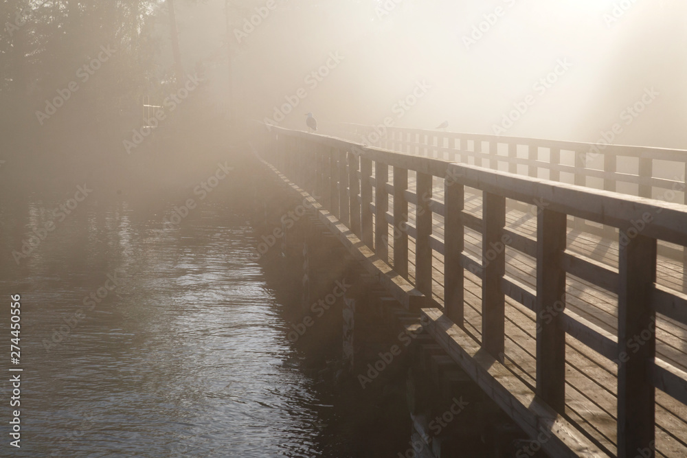 Wooden bridge in the fog at sunset, Valaam Island, Karelia, Russia.