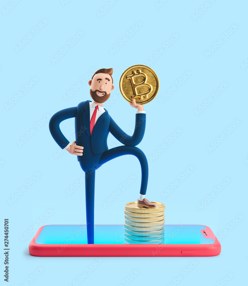 Cartoon character Billy with bitcoin. Mobile banking concept. Online Bank.  Cryptocurrency. 3d illustration on blue background Stock Illustration |  Adobe Stock