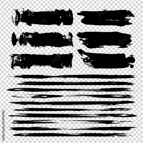 Big set of abstract black ink thin and thick textured strokes isolated on imitation transparent background