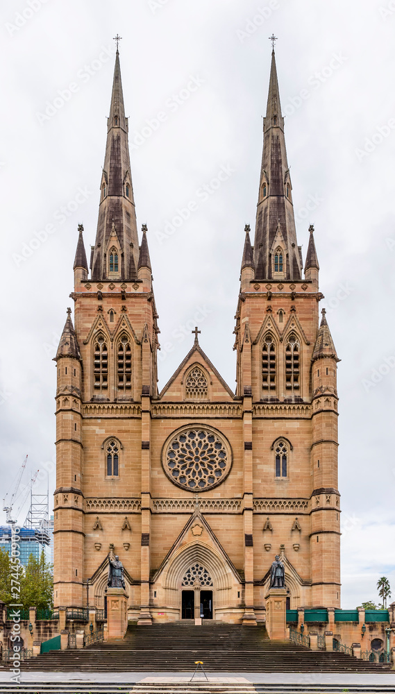 The beautiful southern facade of the Cathedral of Saint Mary in the center of Sydney, Australia