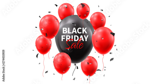 Advertisement banner for Black Friday sale. Realistic air red and black balloons with confetti on white background. Seasonal discount offer. Vector illustration. photo