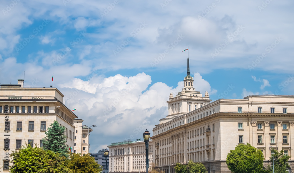 Monumental Communist era architectural legacy in the center of Sofia, Bulgaria.