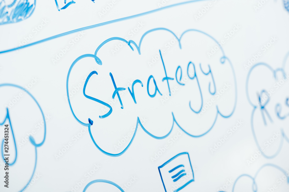 selective focus of word strategy written on white flipchart