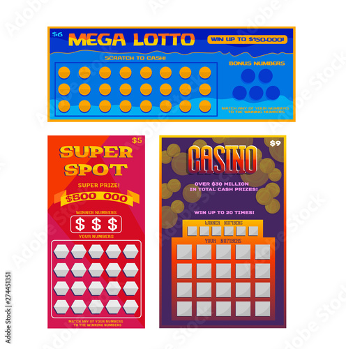 Lottery ticket vector lucky bingo card win chance lotto game jackpot ticketing set illustration lottery gaming tickets isolated on white background