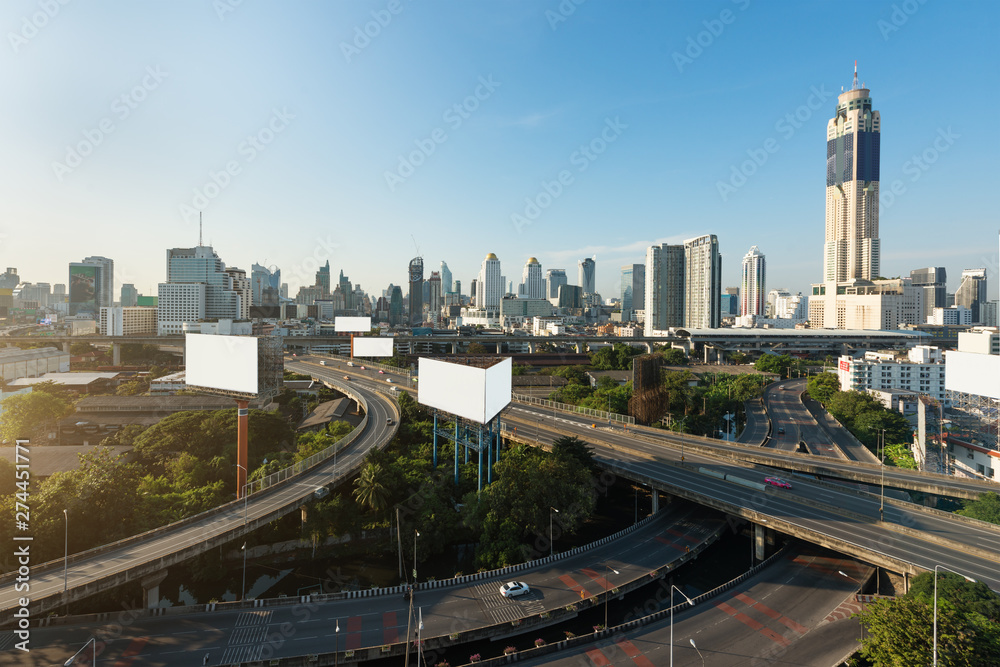 Panoramic Bangkok city building modern business district with expressway in downtown at morning in Bangkok, Thailand..
