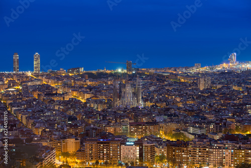 Top view of Barcelona city skyline during evening in Barcelona, Catalonia, Spain..