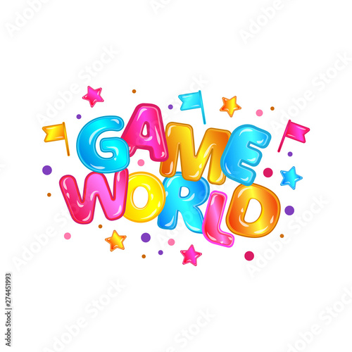 Game world - isolated cartoon font lettering design with colorful letters and confetti.