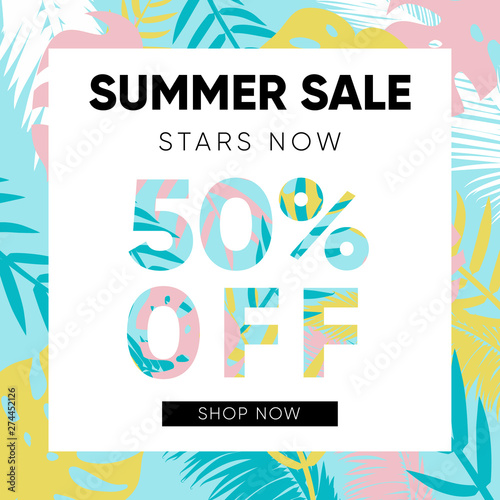 Summer sale banner with colorful tropical leaves background pattern and shop now button. Ready to use in social media, posters, flyers and advertising.
